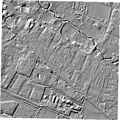 Shaded relief map of the ground around KT168BN, computed from Environment Agency LiDAR. The ground here sits at about 14 m above sea level and falls 7 m across the surrounding 800 m. Surface water reaching this point runs off ground lying to the north-north-west, 0.9 m higher.