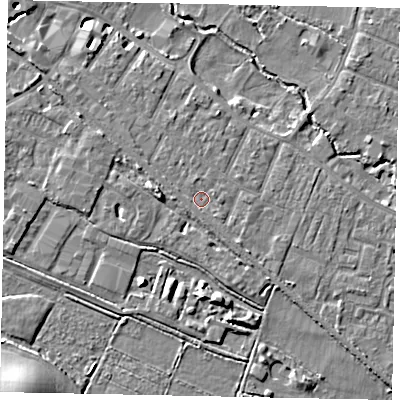Shaded relief map of the ground around KT168BY, computed from Environment Agency LiDAR. The ground here sits at about 14 m above sea level and falls 11 m across the surrounding 800 m. Surface water reaching this point runs off ground lying to the north, 0.9 m higher.