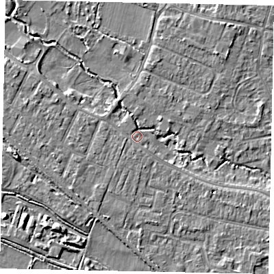 Shaded relief map of the ground around KT168DE, computed from Environment Agency LiDAR. The ground here sits at about 13 m above sea level and falls 9 m across the surrounding 800 m. Surface water reaching this point runs off ground lying to the south-west, 1.0 m higher.