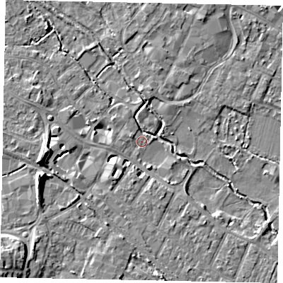 Shaded relief map of the ground around KT168DH, computed from Environment Agency LiDAR. The ground here sits at about 13 m above sea level and falls 10 m across the surrounding 800 m. Surface water reaching this point runs off ground lying to the west-north-west, 1.5 m higher.