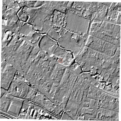 Shaded relief map of the ground around KT168DJ, computed from Environment Agency LiDAR. The ground here sits at about 13 m above sea level and falls 9 m across the surrounding 800 m. Surface water reaching this point runs off ground lying to the south-west, 2.2 m higher.