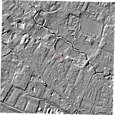 Shaded relief map of the ground around KT168DP, computed from Environment Agency LiDAR. The ground here sits at about 14 m above sea level and falls 7 m across the surrounding 800 m. Surface water reaching this point runs off ground lying to the south-east, 1.3 m higher.