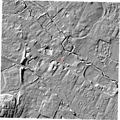 Shaded relief map of the ground around KT168DQ, computed from Environment Agency LiDAR. The ground here sits at about 13 m above sea level and falls 11 m across the surrounding 800 m. Surface water reaching this point runs off ground lying to the west-south-west, 3.6 m higher.