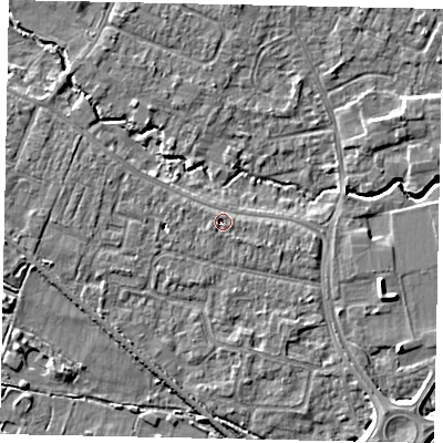 Shaded relief map of the ground around KT168DT, computed from Environment Agency LiDAR. The ground here sits at about 12 m above sea level and falls 7 m across the surrounding 800 m. Surface water reaching this point runs off ground lying to the west, 4.4 m higher.