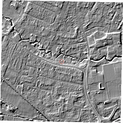 Shaded relief map of the ground around KT168DU, computed from Environment Agency LiDAR. The ground here sits at about 12 m above sea level and falls 6 m across the surrounding 800 m. Surface water reaching this point runs off ground lying to the east-south-east, 5.7 m higher.
