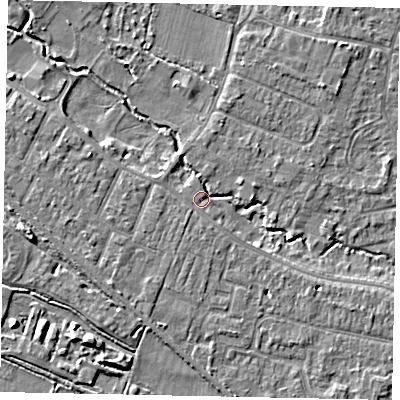 Shaded relief map of the ground around KT168DX, computed from Environment Agency LiDAR. The ground here sits at about 13 m above sea level and falls 9 m across the surrounding 800 m. Surface water reaching this point runs off ground lying to the south-south-west, 1.0 m higher.