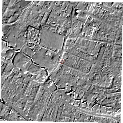 Shaded relief map of the ground around KT168DZ, computed from Environment Agency LiDAR. The ground here sits at about 13 m above sea level and falls 7 m across the surrounding 800 m. Surface water reaching this point runs off ground lying to the east, 2.3 m higher.