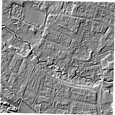 Shaded relief map of the ground around KT168EA, computed from Environment Agency LiDAR. The ground here sits at about 13 m above sea level and falls 9 m across the surrounding 800 m. Surface water reaching this point runs off ground lying to the west-south-west, 5.8 m higher.