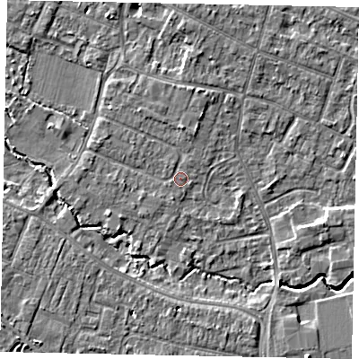 Shaded relief map of the ground around KT168ED, computed from Environment Agency LiDAR. The ground here sits at about 13 m above sea level and falls 6 m across the surrounding 800 m. Surface water reaching this point runs off ground lying to the north, 1.6 m higher.