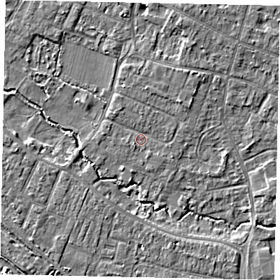 Shaded relief map of the ground around KT168EE, computed from Environment Agency LiDAR. The ground here sits at about 13 m above sea level and falls 7 m across the surrounding 800 m. Surface water reaching this point runs off ground lying to the north-east, 1.9 m higher.
