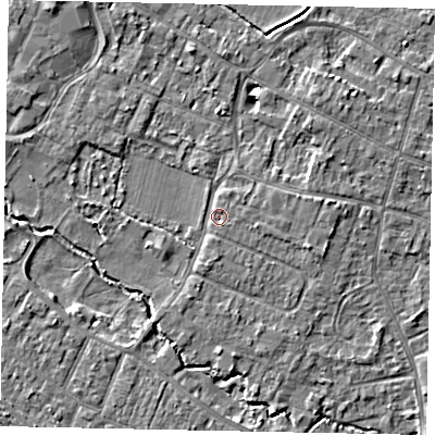 Shaded relief map of the ground around KT168EF, computed from Environment Agency LiDAR. The ground here sits at about 13 m above sea level and falls 4 m across the surrounding 800 m. Surface water reaching this point runs off ground lying to the north-west, 4.0 m higher.