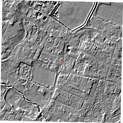 Shaded relief map of the ground around KT168EH, computed from Environment Agency LiDAR. The ground here sits at about 13 m above sea level and falls 5 m across the surrounding 800 m. Surface water reaching this point runs off ground lying to the north-west, 4.0 m higher.