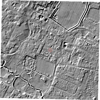 Shaded relief map of the ground around KT168EL, computed from Environment Agency LiDAR. The ground here sits at about 13 m above sea level and falls 5 m across the surrounding 800 m. Surface water reaching this point runs off ground lying to the west-south-west, 1.4 m higher.