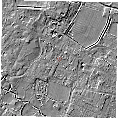 Shaded relief map of the ground around KT168EN, computed from Environment Agency LiDAR. The ground here sits at about 13 m above sea level and falls 5 m across the surrounding 800 m. Surface water reaching this point runs off ground lying to the west-north-west, 2.5 m higher.