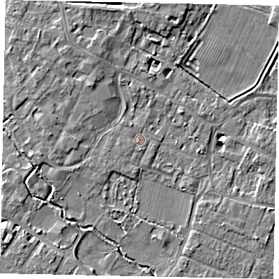 Shaded relief map of the ground around KT168EP, computed from Environment Agency LiDAR. The ground here sits at about 13 m above sea level and falls 5 m across the surrounding 800 m. Surface water reaching this point runs off ground lying to the west, 0.6 m higher.