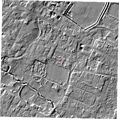 Shaded relief map of the ground around KT168EQ, computed from Environment Agency LiDAR. The ground here sits at about 13 m above sea level and falls 5 m across the surrounding 800 m. Surface water reaching this point runs off ground lying to the north-north-east, 1.2 m higher.