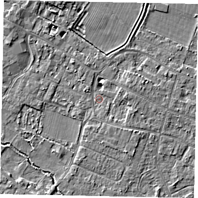 Shaded relief map of the ground around KT168ER, computed from Environment Agency LiDAR. The ground here sits at about 12 m above sea level and falls 5 m across the surrounding 800 m. Surface water reaching this point runs off ground lying to the east, 3.5 m higher.