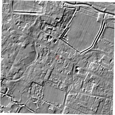 Shaded relief map of the ground around KT168ES, computed from Environment Agency LiDAR. The ground here sits at about 13 m above sea level and falls 5 m across the surrounding 800 m. Surface water reaching this point runs off ground lying to the north-north-west, 1.4 m higher.