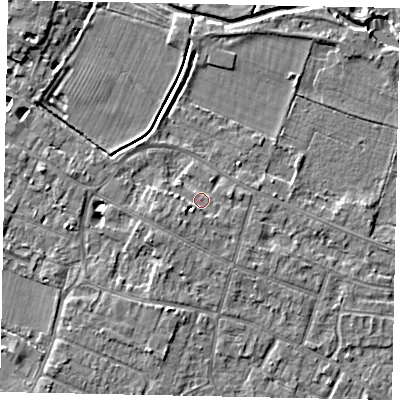 Shaded relief map of the ground around KT168FB, computed from Environment Agency LiDAR. The ground here sits at about 13 m above sea level and falls 5 m across the surrounding 800 m. Surface water reaching this point runs off ground lying to the south-south-west, 1.4 m higher.