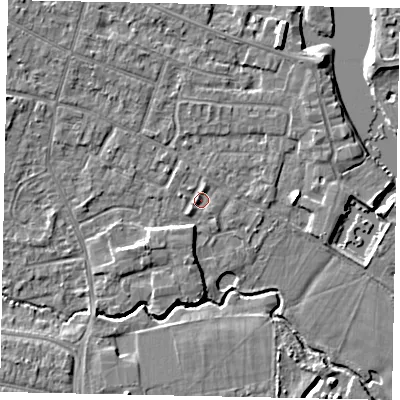 Shaded relief map of the ground around KT168FD, computed from Environment Agency LiDAR. The ground here sits at about 12 m above sea level and falls 5 m across the surrounding 800 m. Surface water reaching this point runs off ground lying to the north-west, 1.9 m higher.