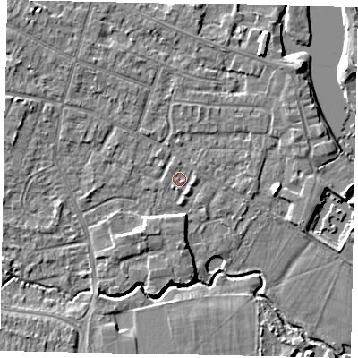 Shaded relief map of the ground around KT168FE, computed from Environment Agency LiDAR. The ground here sits at about 12 m above sea level and falls 5 m across the surrounding 800 m. Surface water reaching this point runs off ground lying to the east, 0.8 m higher.