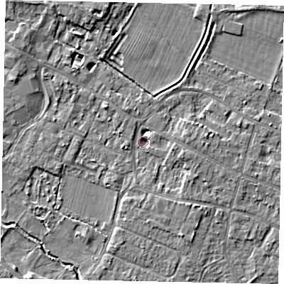 Shaded relief map of the ground around KT168FG, computed from Environment Agency LiDAR. The ground here sits at about 12 m above sea level and falls 5 m across the surrounding 800 m. Surface water reaching this point runs off ground lying to the east-south-east, 3.5 m higher.