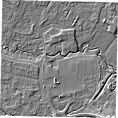 Shaded relief map of the ground around KT168HB, computed from Environment Agency LiDAR. The ground here sits at about 12 m above sea level and falls 12 m across the surrounding 800 m. Surface water reaching this point runs off ground lying to the south, 1.5 m higher.