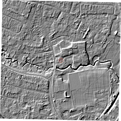 Shaded relief map of the ground around KT168HD, computed from Environment Agency LiDAR. The ground here sits at about 13 m above sea level and falls 6 m across the surrounding 800 m. Surface water reaching this point runs off ground lying to the north-east, 1.8 m higher.