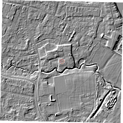 Shaded relief map of the ground around KT168HG, computed from Environment Agency LiDAR. The ground here sits at about 14 m above sea level and falls 7 m across the surrounding 800 m. Surface water reaching this point runs off ground lying to the north, 0.9 m higher.