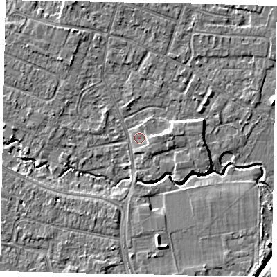 Shaded relief map of the ground around KT168HH, computed from Environment Agency LiDAR. The ground here sits at about 13 m above sea level and falls 6 m across the surrounding 800 m. Surface water reaching this point runs off ground lying to the north, 0.7 m higher.