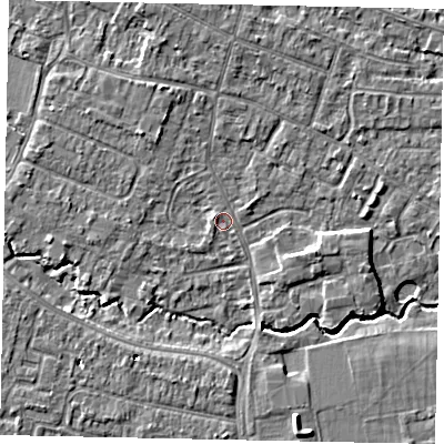 Shaded relief map of the ground around KT168HL, computed from Environment Agency LiDAR. The ground here sits at about 12 m above sea level and falls 6 m across the surrounding 800 m. Surface water reaching this point runs off ground lying to the north-north-west, 2.1 m higher.