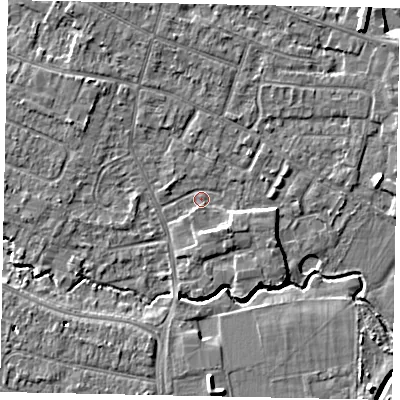 Shaded relief map of the ground around KT168HN, computed from Environment Agency LiDAR. The ground here sits at about 12 m above sea level and falls 6 m across the surrounding 800 m. Surface water reaching this point runs off ground lying to the south-east, 3.0 m higher.