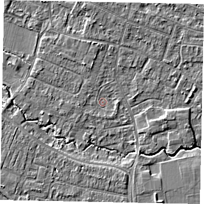 Shaded relief map of the ground around KT168HP, computed from Environment Agency LiDAR. The ground here sits at about 12 m above sea level and falls 6 m across the surrounding 800 m. Surface water reaching this point runs off ground lying to the east, 1.2 m higher.