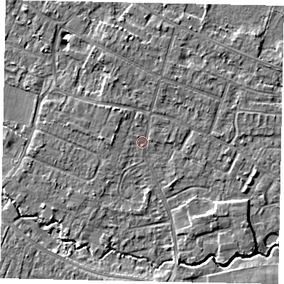 Shaded relief map of the ground around KT168HS, computed from Environment Agency LiDAR. The ground here sits at about 12 m above sea level and falls 4 m across the surrounding 800 m. Surface water reaching this point runs off ground lying to the north-west, 1.7 m higher.