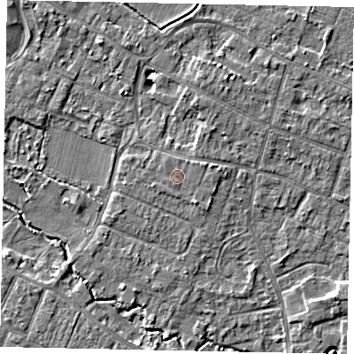 Shaded relief map of the ground around KT168HT, computed from Environment Agency LiDAR. The ground here sits at about 13 m above sea level and falls 4 m across the surrounding 800 m. Surface water reaching this point runs off ground lying to the north-east, 0.6 m higher.
