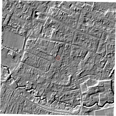 Shaded relief map of the ground around KT168HU, computed from Environment Agency LiDAR. The ground here sits at about 13 m above sea level and falls 6 m across the surrounding 800 m. Surface water reaching this point runs off ground lying to the west-north-west, 0.9 m higher.