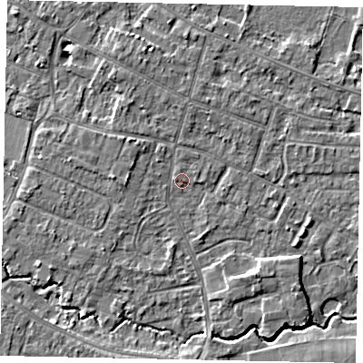 Shaded relief map of the ground around KT168HW, computed from Environment Agency LiDAR. The ground here sits at about 13 m above sea level and falls 4 m across the surrounding 800 m. Surface water reaching this point runs off ground lying to the north-west, 2.1 m higher.