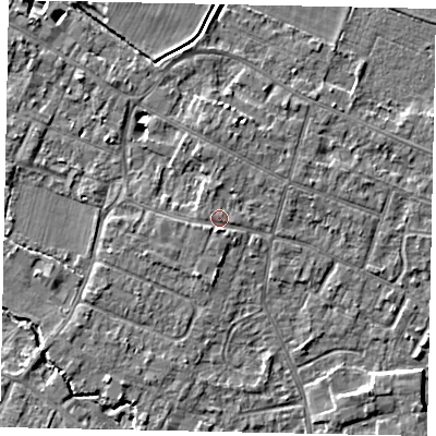 Shaded relief map of the ground around KT168HX, computed from Environment Agency LiDAR. The ground here sits at about 13 m above sea level and falls 5 m across the surrounding 800 m. Surface water reaching this point runs off ground lying to the north, 1.0 m higher.