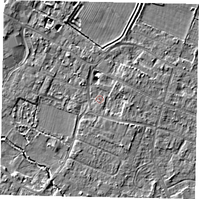 Shaded relief map of the ground around KT168HY, computed from Environment Agency LiDAR. The ground here sits at about 13 m above sea level and falls 5 m across the surrounding 800 m. Surface water reaching this point runs off ground lying to the east-north-east, 2.0 m higher.