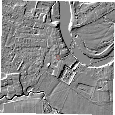 Shaded relief map of the ground around KT168JF, computed from Environment Agency LiDAR. The ground here sits at about 12 m above sea level and falls 4 m across the surrounding 800 m. Surface water reaching this point runs off ground lying to the north-north-west, 0.7 m higher.