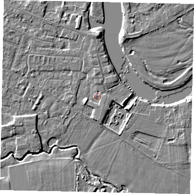 Shaded relief map of the ground around KT168JG, computed from Environment Agency LiDAR. The ground here sits at about 12 m above sea level and falls 5 m across the surrounding 800 m. Surface water reaching this point runs off ground lying to the south-south-east, 1.0 m higher.