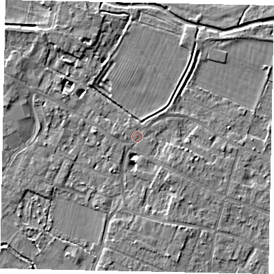 Shaded relief map of the ground around KT168JH, computed from Environment Agency LiDAR. The ground here sits at about 13 m above sea level and falls 5 m across the surrounding 800 m. Surface water reaching this point runs off ground lying to the west, 0.9 m higher.