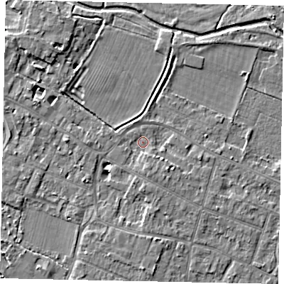 Shaded relief map of the ground around KT168JJ, computed from Environment Agency LiDAR. The ground here sits at about 13 m above sea level and falls 5 m across the surrounding 800 m. Surface water reaching this point runs off ground lying to the south, 1.8 m higher.