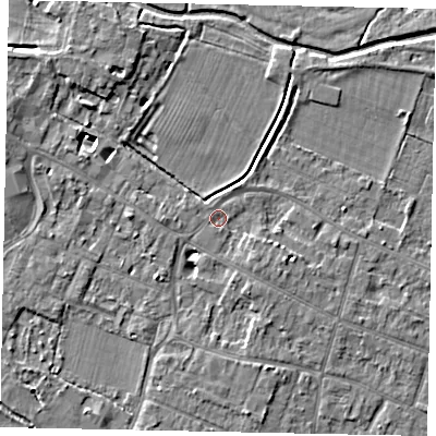 Shaded relief map of the ground around KT168JL, computed from Environment Agency LiDAR. The ground here sits at about 13 m above sea level and falls 5 m across the surrounding 800 m. Surface water reaching this point runs off ground lying to the south-east, 1.8 m higher.