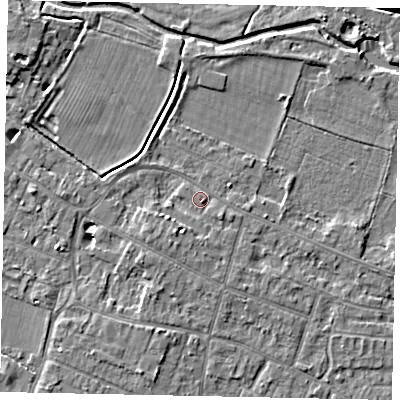 Shaded relief map of the ground around KT168JN, computed from Environment Agency LiDAR. The ground here sits at about 13 m above sea level and falls 5 m across the surrounding 800 m. Surface water reaching this point runs off ground lying to the south-west, 2.4 m higher.