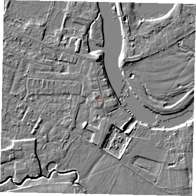 Shaded relief map of the ground around KT168JQ, computed from Environment Agency LiDAR. The ground here sits at about 13 m above sea level and falls 4 m across the surrounding 800 m. Surface water reaching this point runs off ground lying to the north, 0.6 m higher.