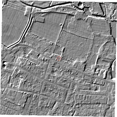 Shaded relief map of the ground around KT168JR, computed from Environment Agency LiDAR. The ground here sits at about 12 m above sea level and falls 5 m across the surrounding 800 m. Surface water reaching this point runs off ground lying to the west, 2.7 m higher.