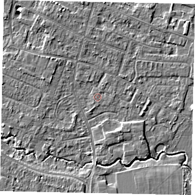 Shaded relief map of the ground around KT168JS, computed from Environment Agency LiDAR. The ground here sits at about 12 m above sea level and falls 6 m across the surrounding 800 m. Surface water reaching this point runs off ground lying to the north-north-west, 2.6 m higher.