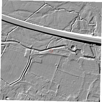 Shaded relief map of the ground around KT168JW, computed from Environment Agency LiDAR. The ground here sits at about 13 m above sea level and falls 10 m across the surrounding 800 m. Surface water reaching this point runs off ground lying to the east-south-east, 1.1 m higher.