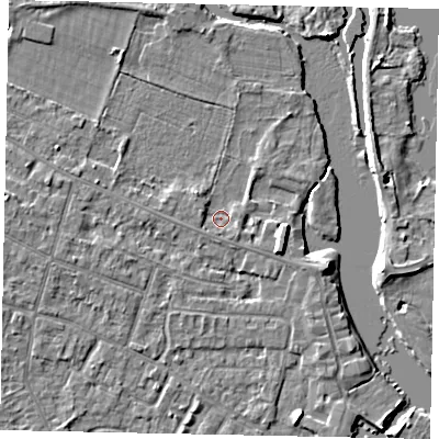 Shaded relief map of the ground around KT168JX, computed from Environment Agency LiDAR. The ground here sits at about 12 m above sea level and falls 4 m across the surrounding 800 m. Surface water reaching this point runs off ground lying to the east-south-east, 3.0 m higher.